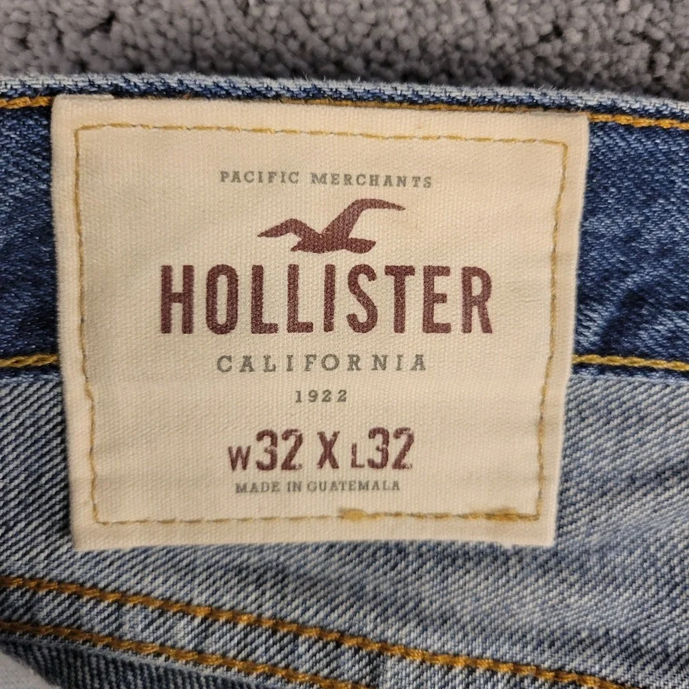 Hollister Jeans Mens 32x32 Blue Slim Straight Button Fly Distressed Mid Rise